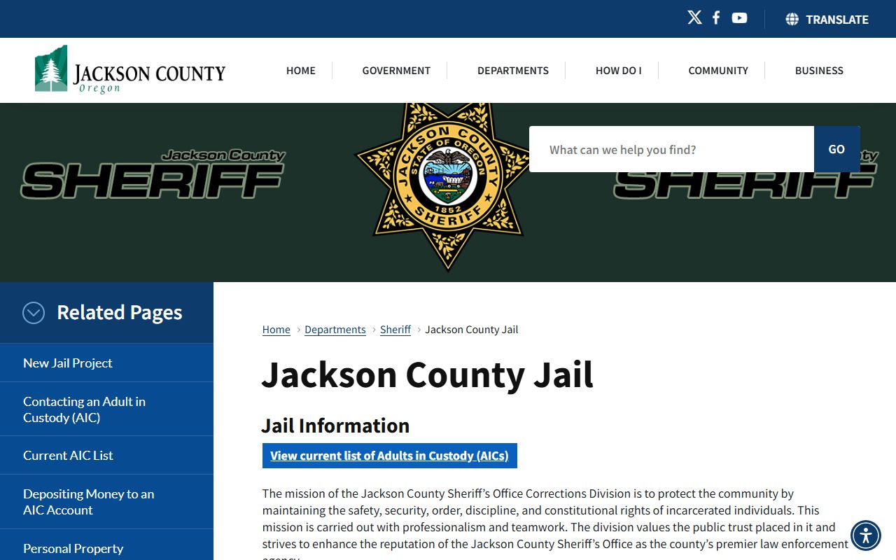 Jackson County Jail official page with jail service links