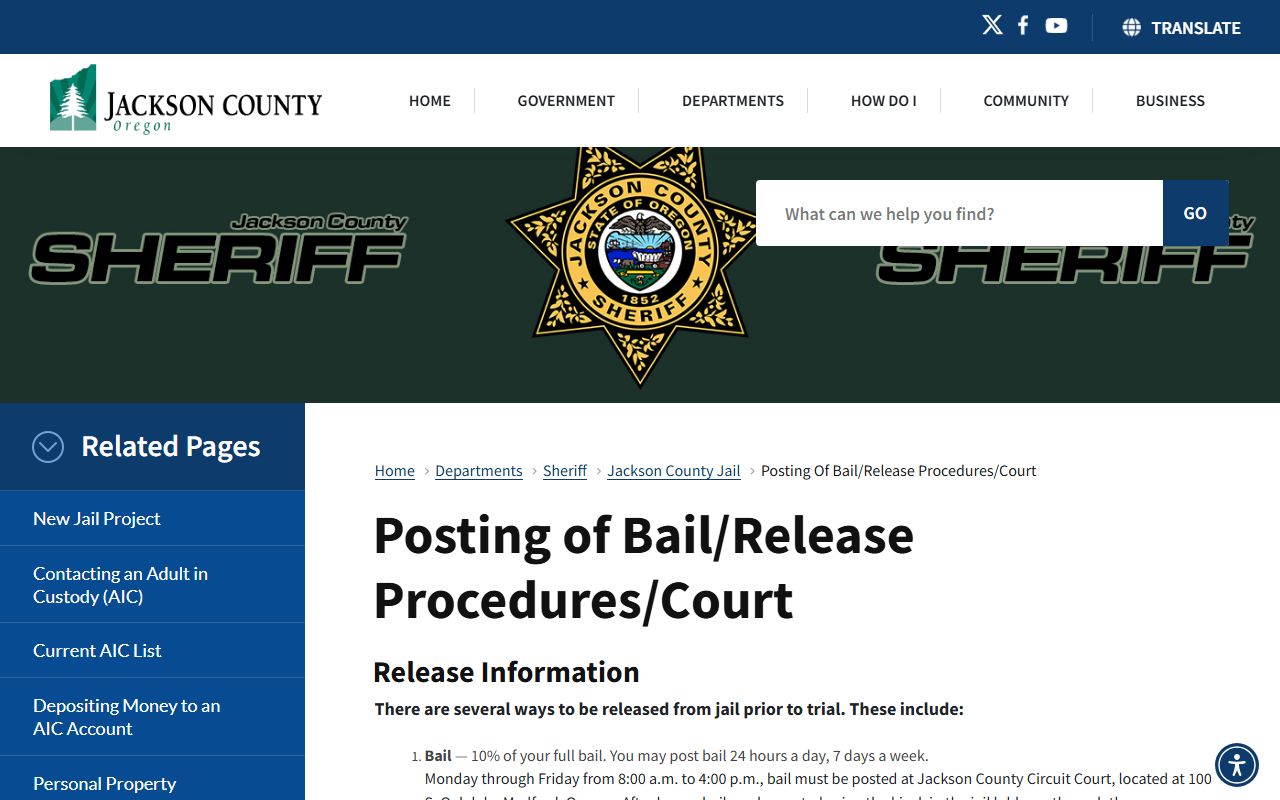 Jackson County Jail bail posting and CorrectPay page
