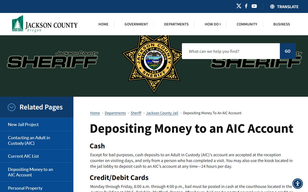 Jackson County inmate records money deposit options