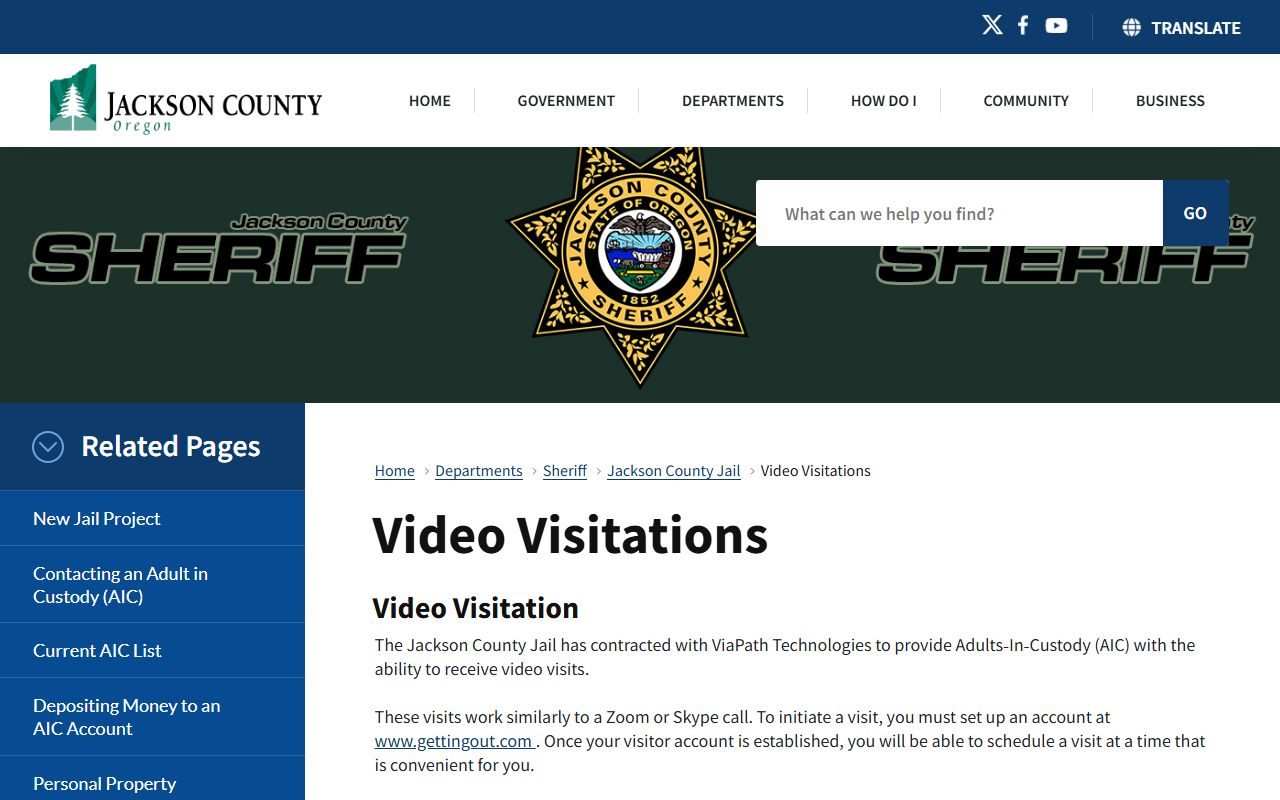 Jackson County Jail ViaPath and GettingOut video visitation page