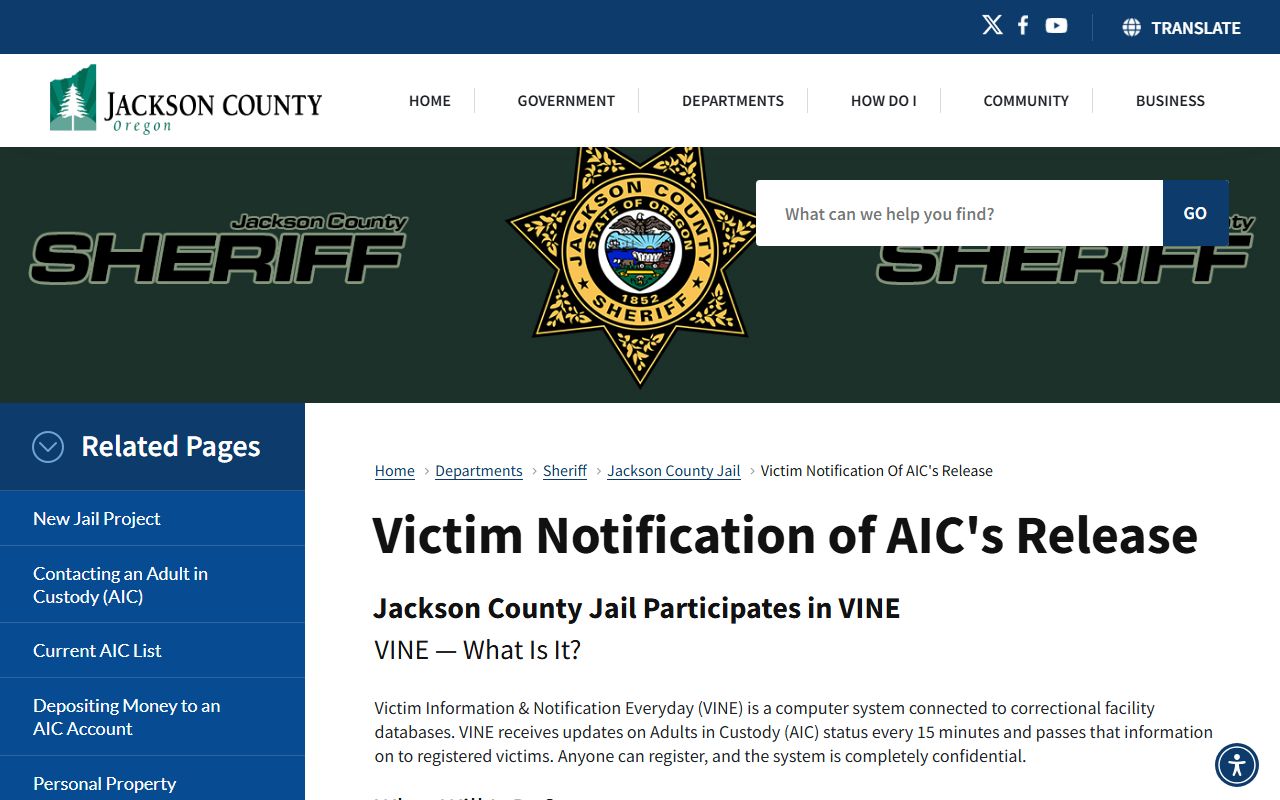 Jackson County Jail VINE notification instructions
